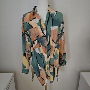 Rodier Paris Vintage Linen Cotton Button Down Abstract Print Blouse